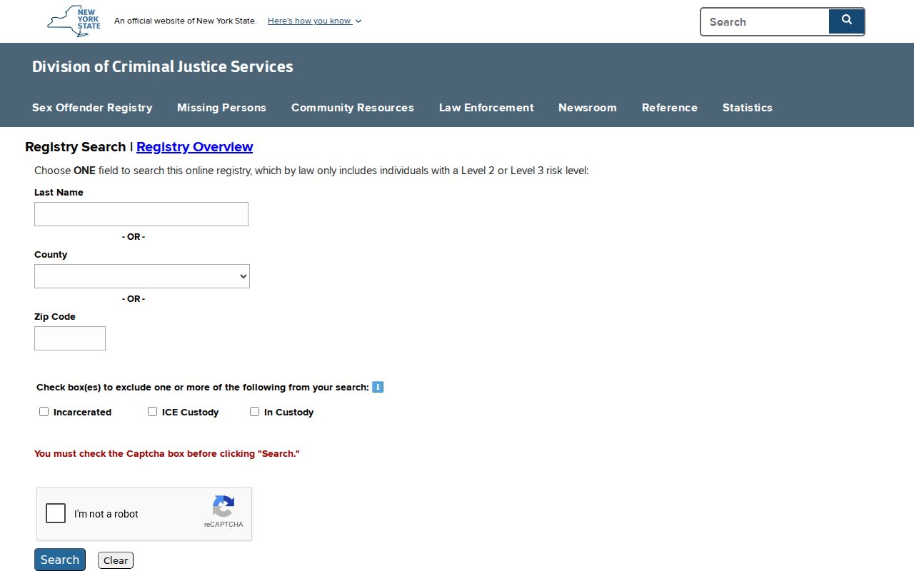 New York State Sex Offender Registry search interface used for Wyoming County