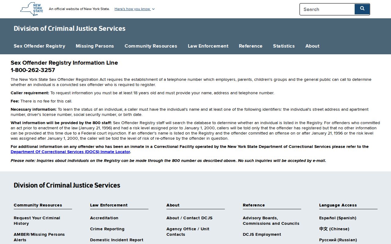 DCJS telephone sex offender information instructions for Wyoming County residents